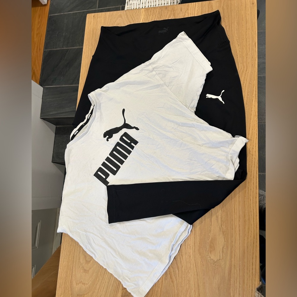Puma Workout Set with White and Black Cropped Logo Tee with Black Puma Leggings